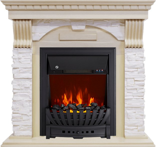 Каминокомплект Dublin - Слоновая кость с патиной / Сланец крем с очагом Aspen Black