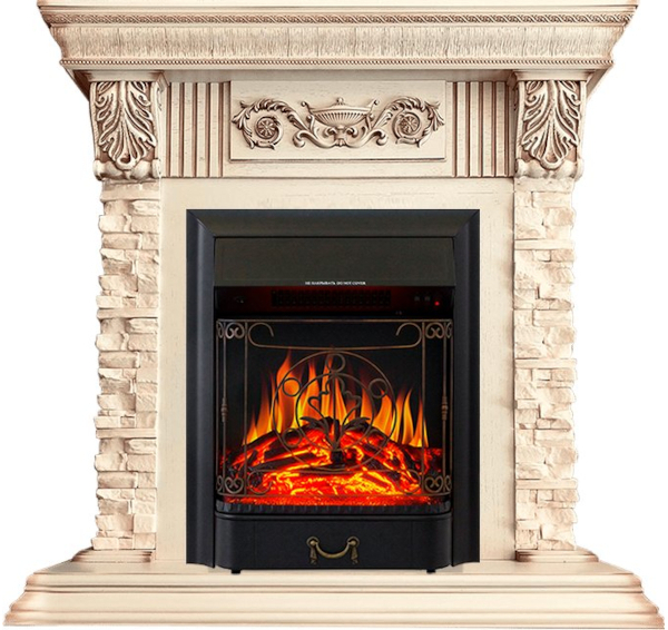 Каминокомплект Luxemburg (каменный) - Сланец/Cлоновая кость с патиной с очагом Majestic FX Black